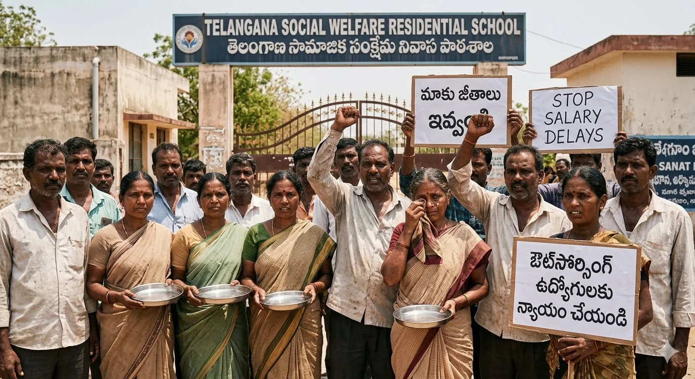 తెలంగాణ సాంఘీక సంక్షేమ గురుకులాల్లో అర్ధాకలితో ఔట్‌సోర్సింగ్ ఉద్యోగులు