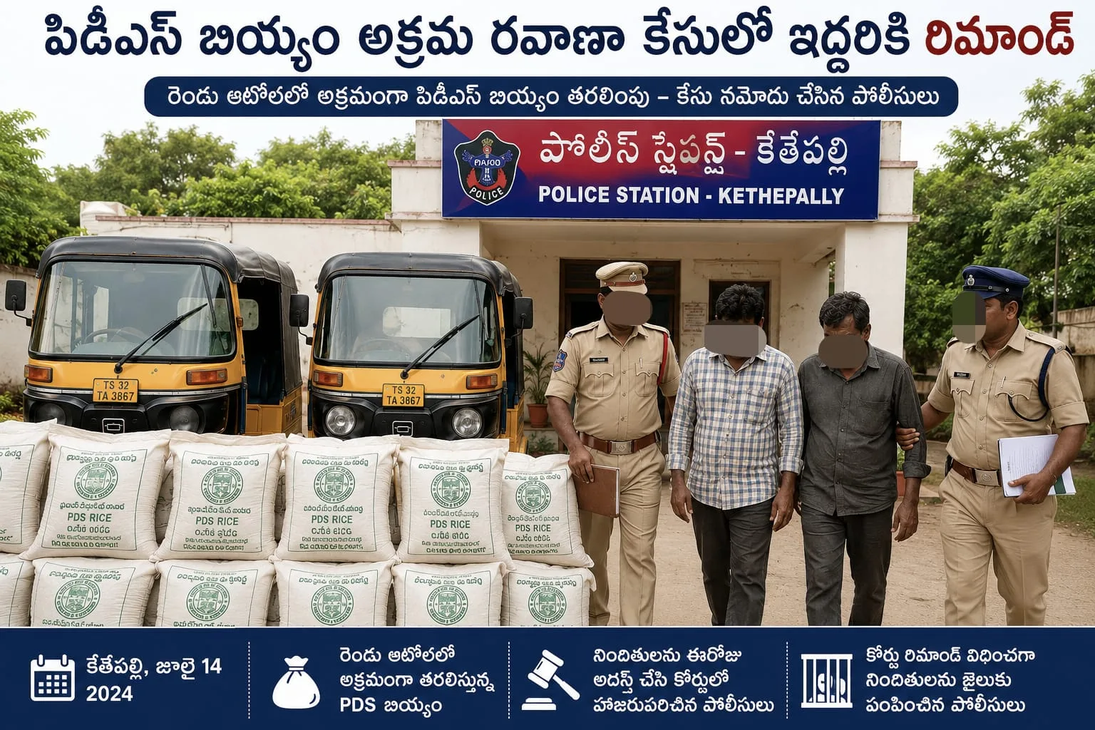 పిడిఎస్ బియ్యం అక్రమ రవాణా కేసులో ఇద్దరికి రిమాండ్